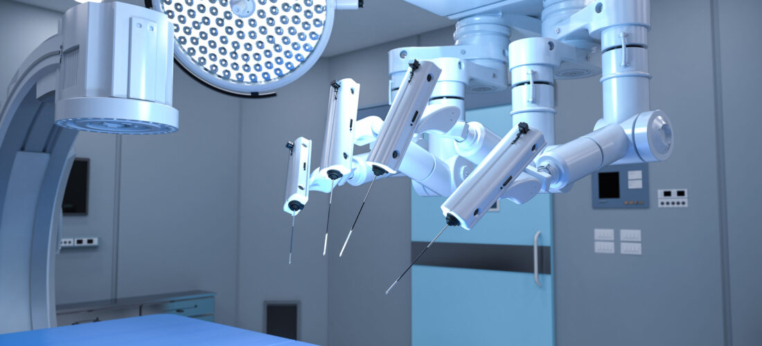 3d rendering hospital surgery room with C-Arm machine and surgery robot